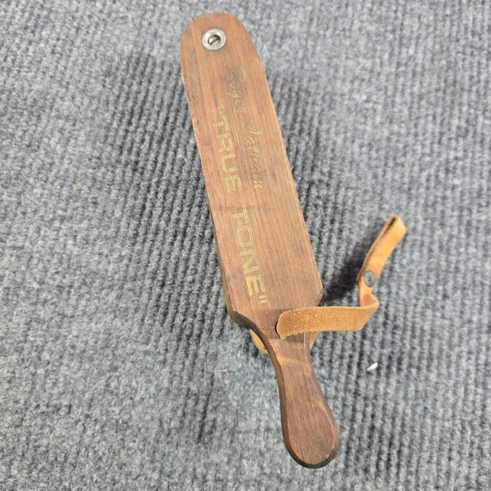 Vintage Roger Latham True Tone Turkey Box Call Walnut Wood Leather Strap Hunting